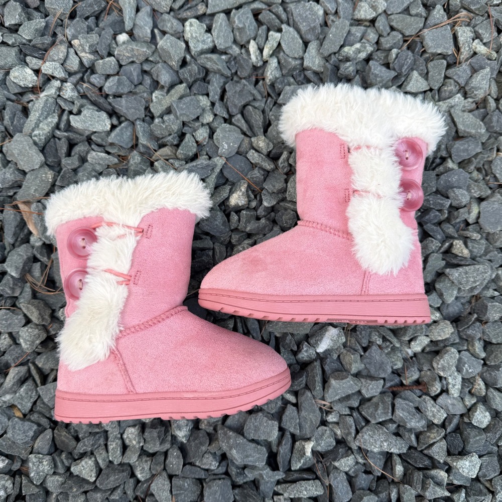 Pink Faux Suede Winter Boots with Faux Fur Trim and Button Detail Size 6